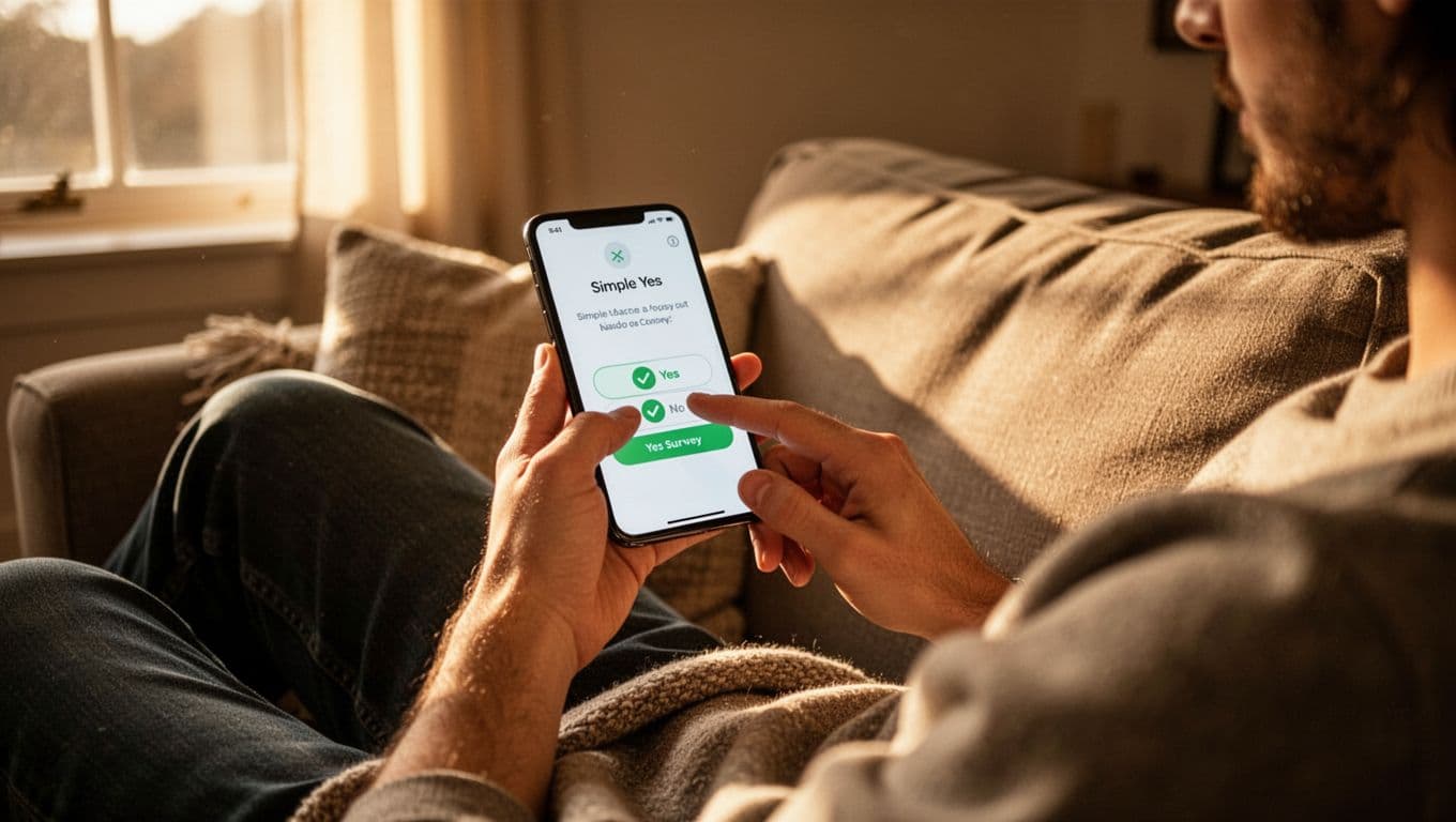 A relaxed person sits on a couch in a cozy living room, completing a short yes/no survey on their smartphone with natural pose and warm cinematic lighting.