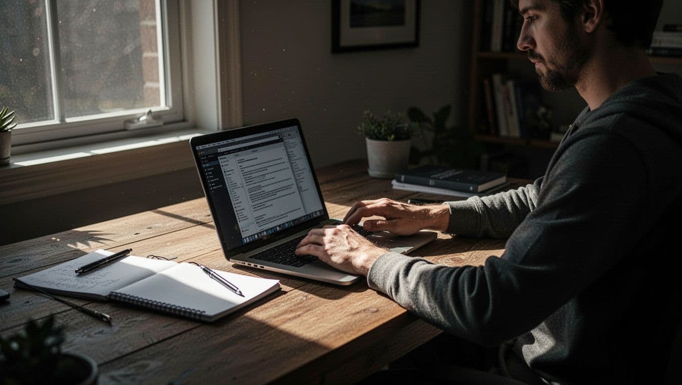 One person seated at a wooden desk in a dimly lit home office, laptop open to a forum page, focused expression while scrolling relaxed, notebook and pen nearby, cinematic style with dramatic lighting.