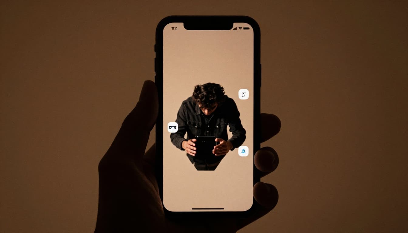 A person scrolls on their phone in a casual living room surrounded by screens subtly showing social apps, captured in cinematic style with dramatic lighting, strong contrast, and warm earthy tones.