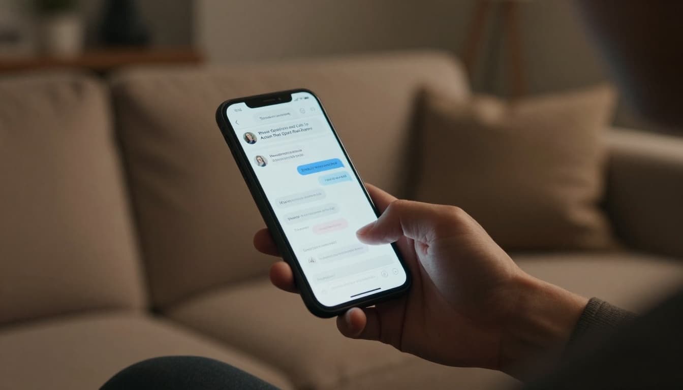 Person holding phone scrolling social media feed with comment notifications popping up, sitting on couch in modern living room, dynamic side angle. Cinematic style with strong contrast, depth, dramatic lighting, warm earthy tones, muted palette.