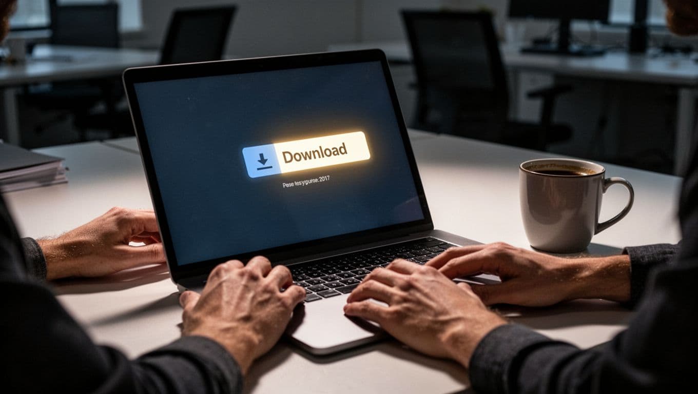 Close-up of a laptop screen showing a tailored email CTA button like 'Download Your Freelancer Template', with relaxed hands nearby, coffee mug beside in an office setting, cinematic style with strong contrast and dramatic lighting.