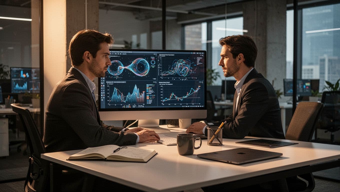 A professional analyst sits in a modern open office, focused on a large monitor displaying an analytics dashboard with charts for rising ROI percentages, sales leads funnel graphs, and trust metrics including brand sentiment scores and authority bars. The scene features a notebook with notes, coffee mug, closed laptop, cinematic style with strong contrast, depth of field, dramatic side lighting from a window, and warm tones.