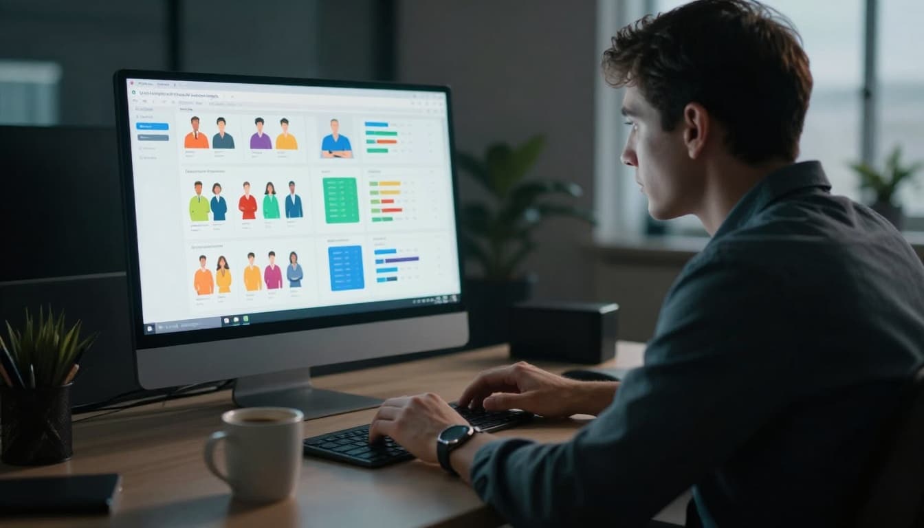 A focused professional at a modern desk analyzes colorful audience data charts on a laptop screen at an angle, with a coffee mug nearby in cinematic style.