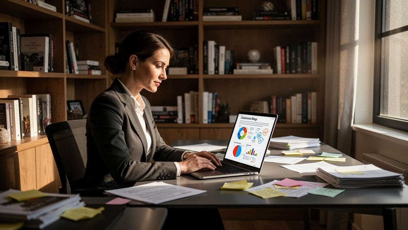 A focused professional at a modern desk reviews a blog post on a laptop filled with cited sources and charts, exuding confidence in a cozy office with cinematic lighting.