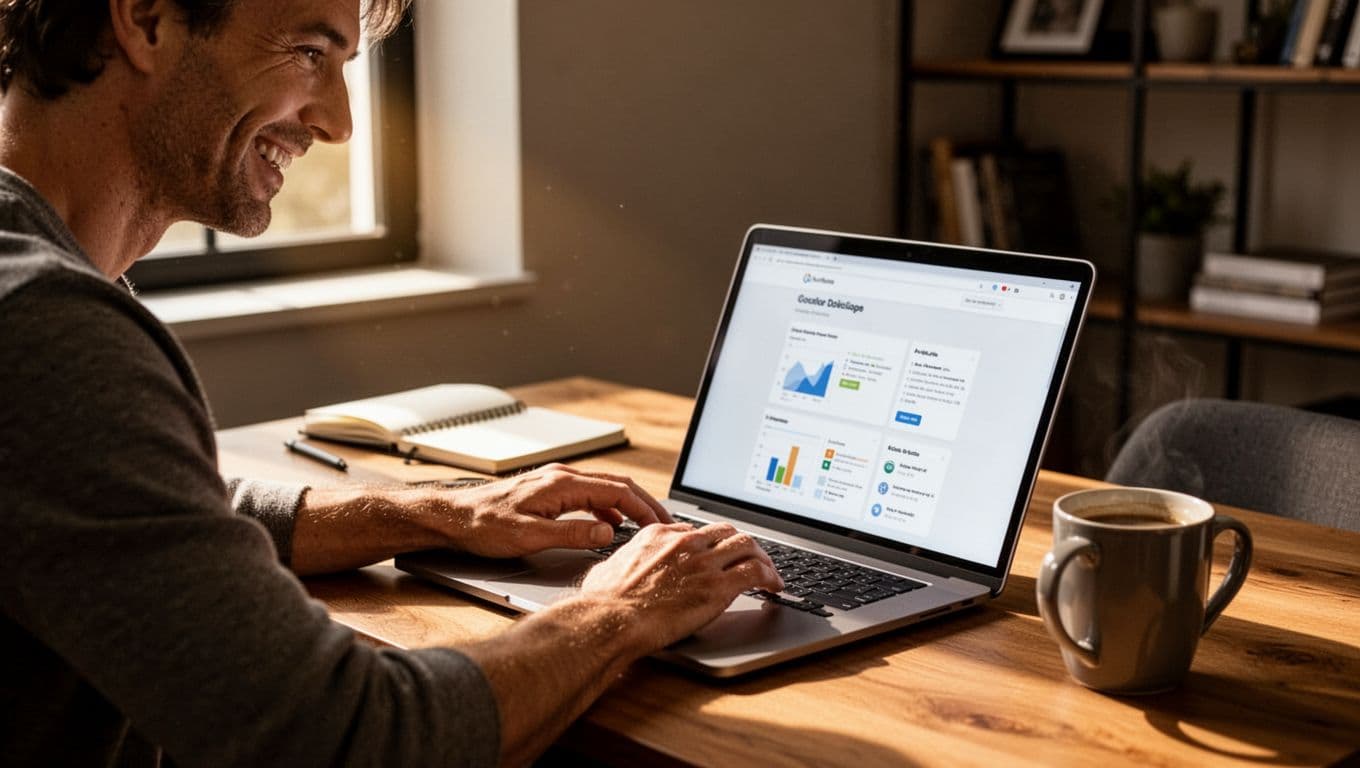 A smiling reader in a cozy modern home office engages with a laptop screen displaying a well-formatted blog post featuring bullets, subheads, and bold text, with notebook and coffee nearby under warm natural light.