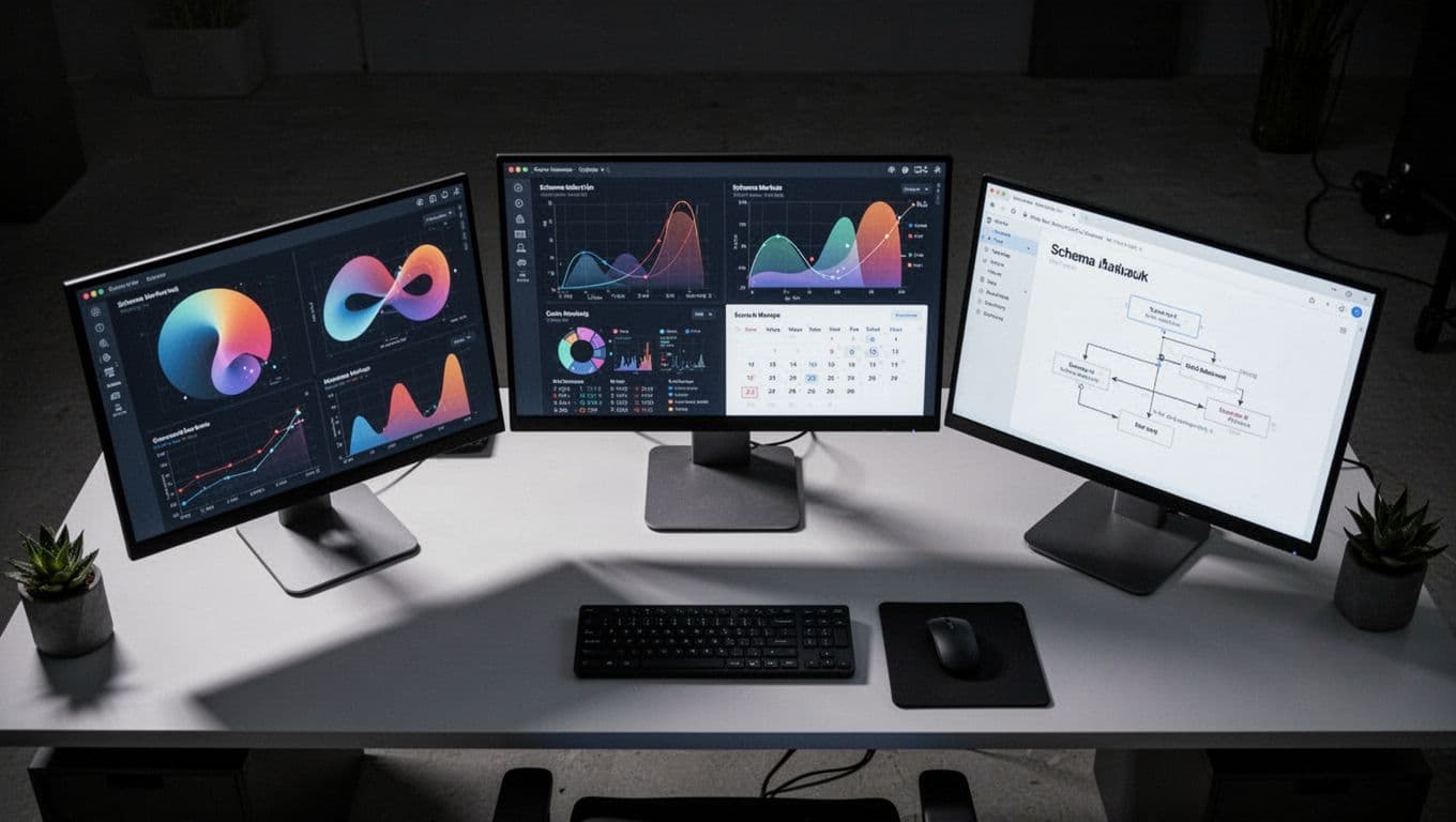 Overhead cinematic view of a tech workbench displaying exactly three screens with icons of SEO digital tools including analytics charts, calendar app, and schema markup previews, featuring strong contrast, depth, and dramatic lighting shadows.