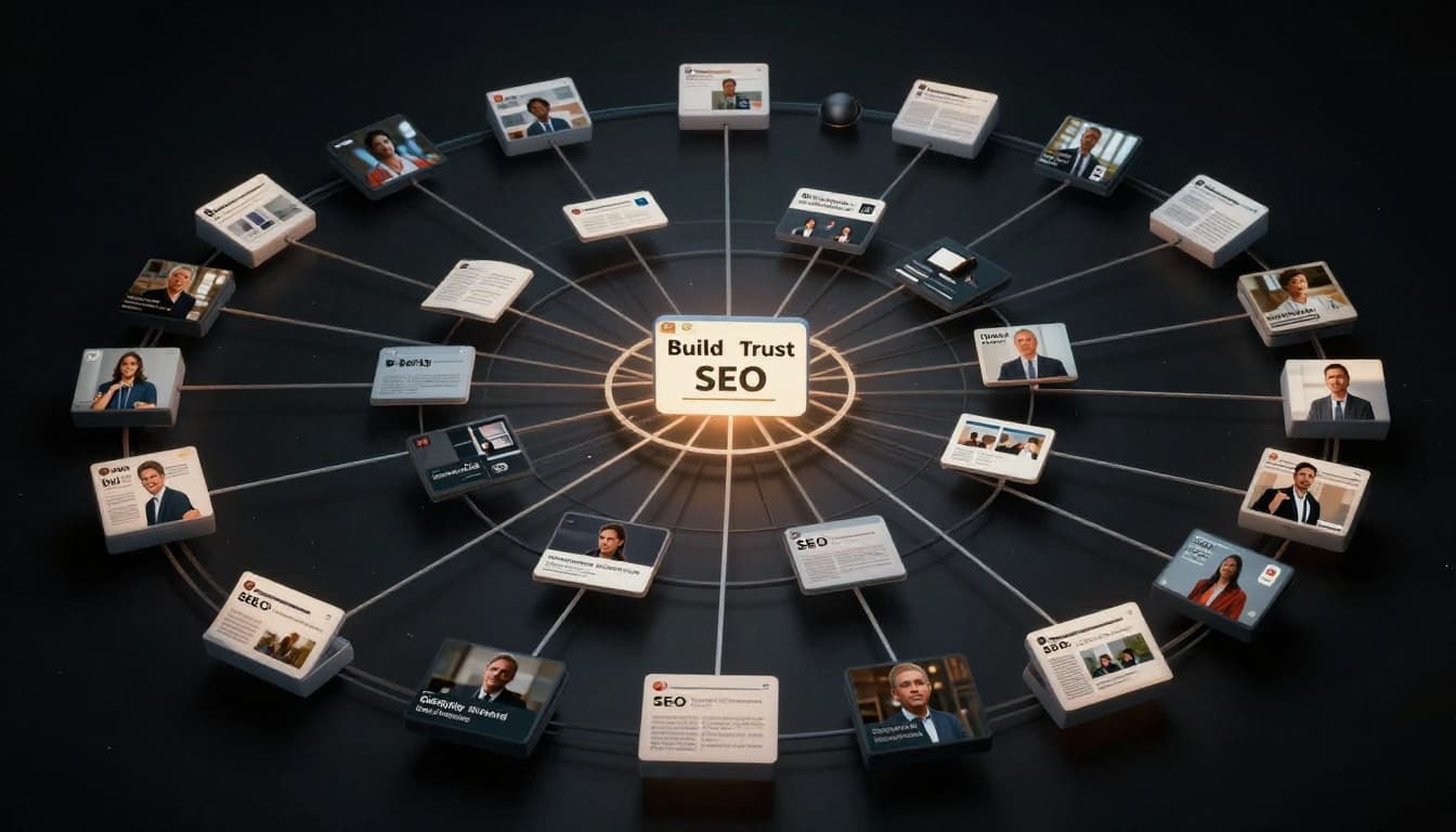 Digital illustration of interconnected content nodes like blog posts, videos, and social threads forming a hub around a central problem-solving topic, with an abstract web of lines connecting icons on a dark background in cinematic style.