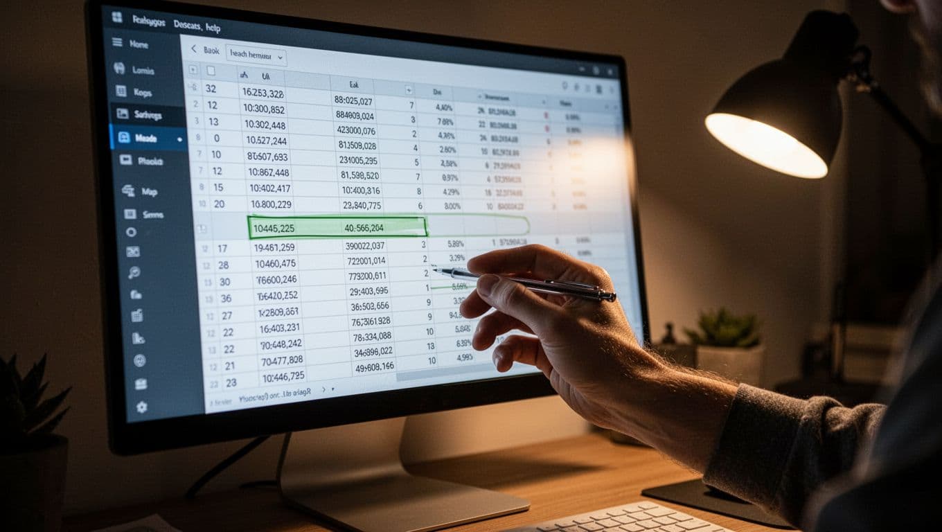 Spreadsheet on computer screen in dim-lit room with columns for post title, traffic, age, and score; hand pointing at high priority row with pen in simple home office, close-up cinematic style with dramatic side lighting.