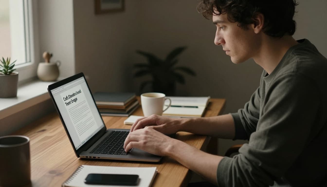 A blogger at a wooden desk in a cozy home office, typing on a laptop with a thoughtful expression, notebook and coffee nearby. Medium shot focusing on face and hands relaxed on keyboard, cinematic style with dramatic lighting from window.