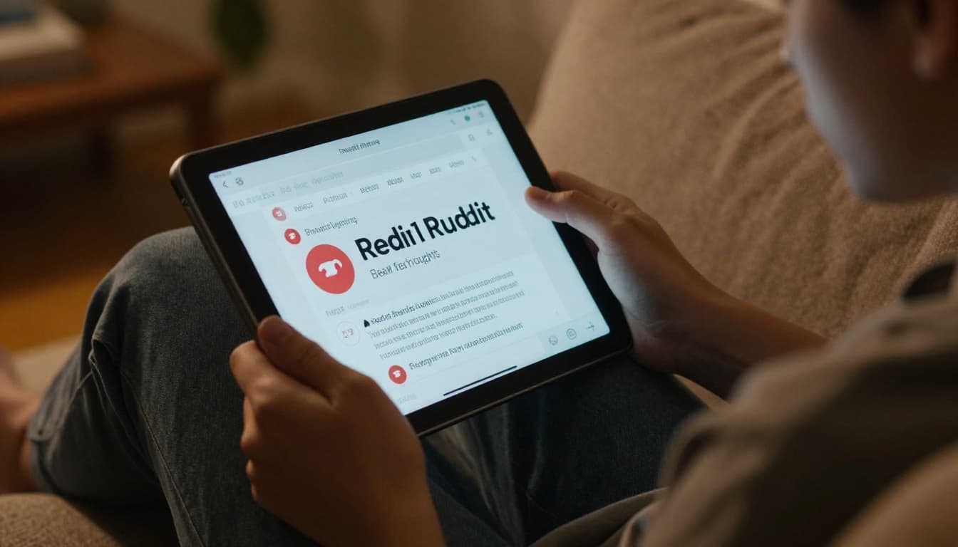 One person sitting comfortably on a couch, scrolling through Reddit threads on a tablet with a thoughtful expression, in warm room lighting and cinematic style with strong contrast and depth.