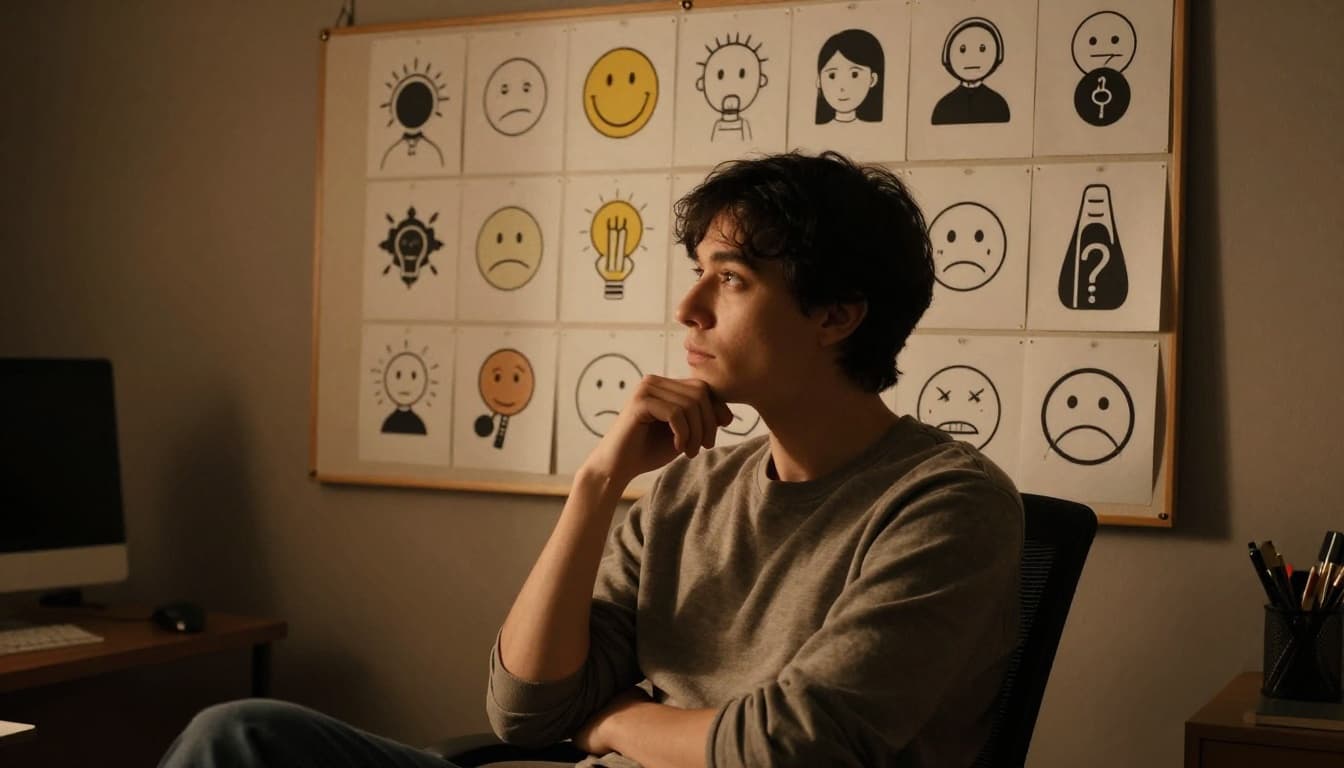 A person in a relaxed, thoughtful pose gazes at a vision board filled with icons representing emotions and personal values, set in a cozy home office at dusk with cinematic lighting and warm earthy tones.