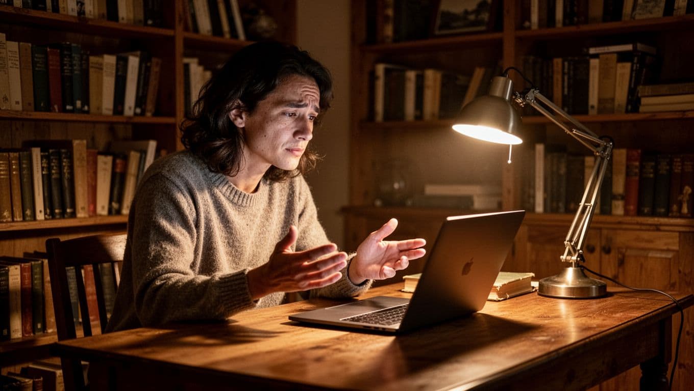 A solo blogger in a dimly lit cozy study shares a personal failure-to-success story on an open laptop, face expressive with vulnerability and emotion, hands gesturing naturally amid bookshelves and dramatic desk lamp lighting.