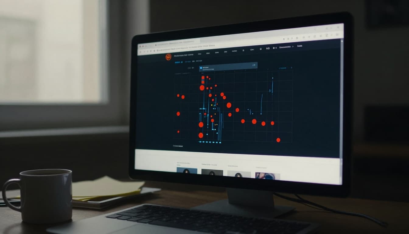 Close-up of a computer screen displaying a colorful website heatmap with red hot spots for user clicks, surrounded by a workspace with coffee mug and notes in cinematic style.