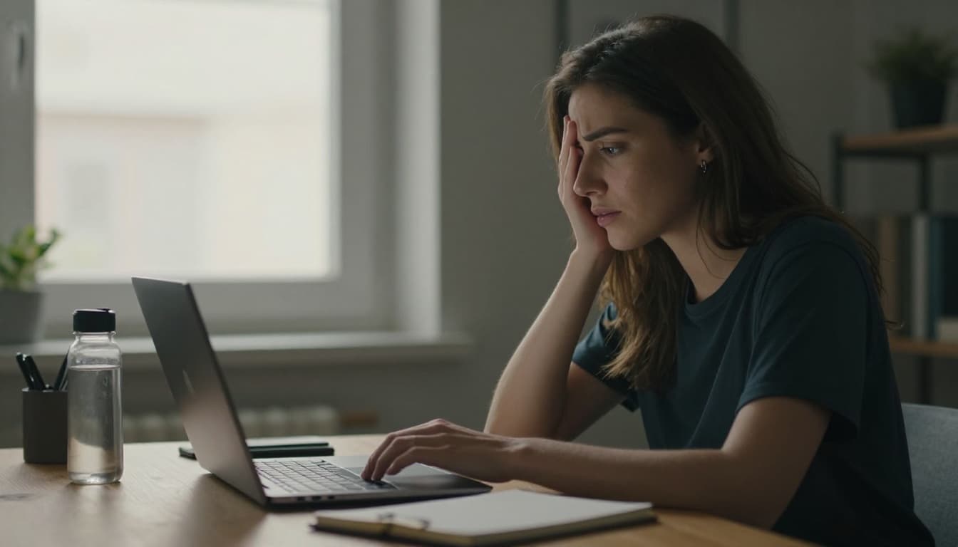 A young adult woman in a cozy home office sits at a wooden desk with a laptop open to a fitness blog, her face showing relief and understanding as she reads simple workout instructions. Soft natural light from the window illuminates the scene, with a notebook and water bottle nearby, in a close-up composition focusing on her relaxed expression and hands on the keyboard.