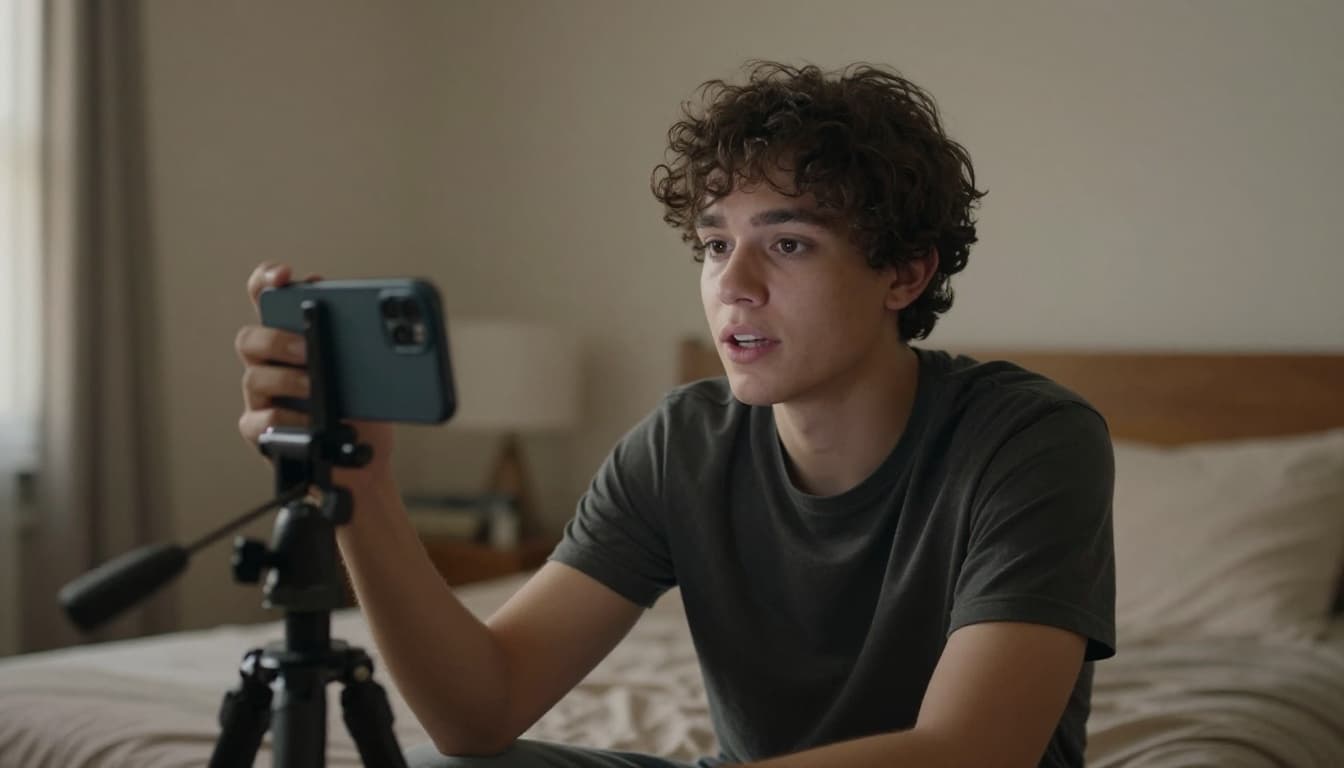 Young creator records raw, unpolished video on smartphone in everyday bedroom with authentic expression, soft natural light, and high detail realism.
