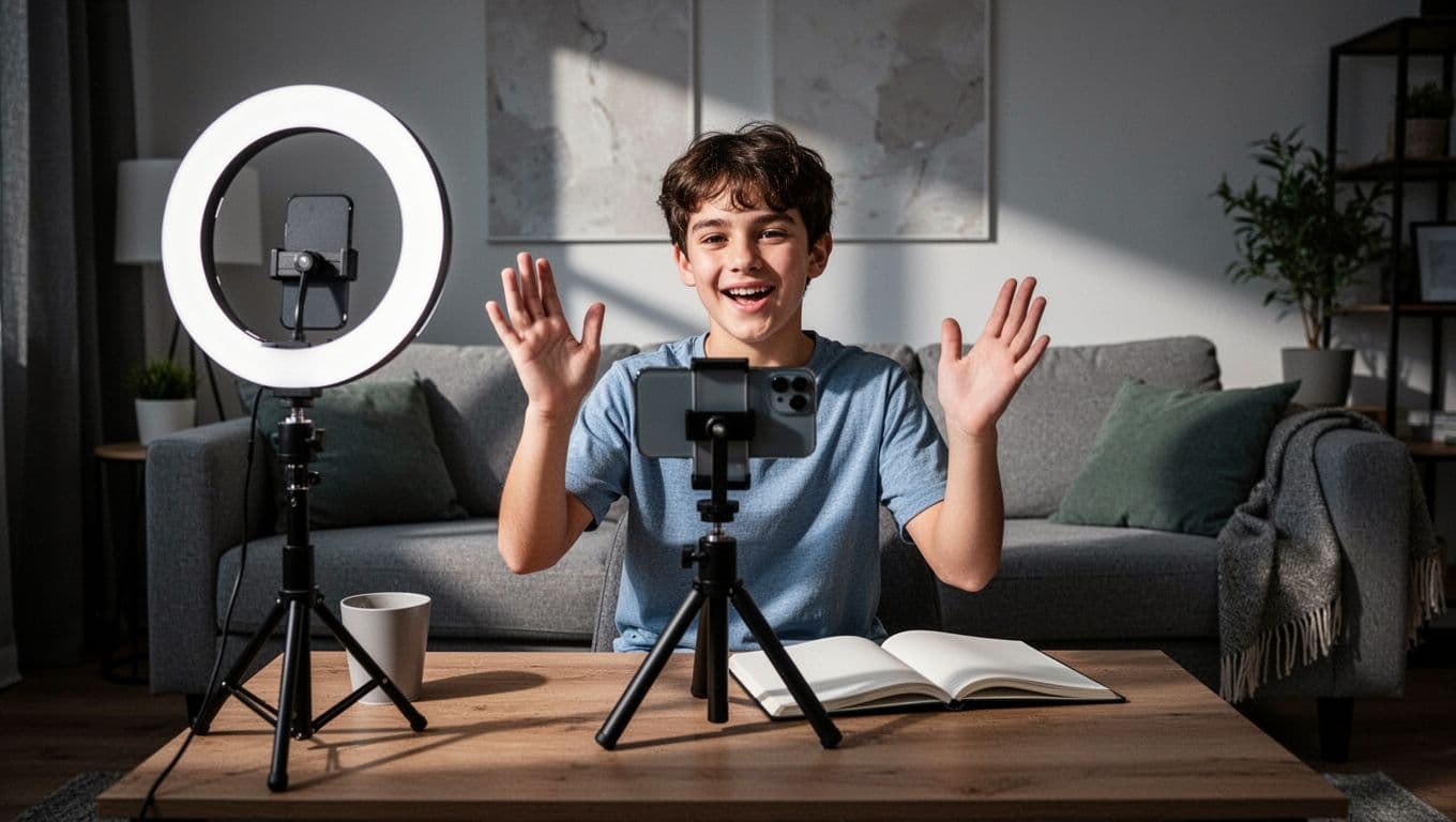 A young creator in a modern living room uses a smartphone on a tripod to film a short tutorial video, with a simple setup featuring a ring light and notebook nearby, captured in cinematic style with dramatic lighting and strong contrast.